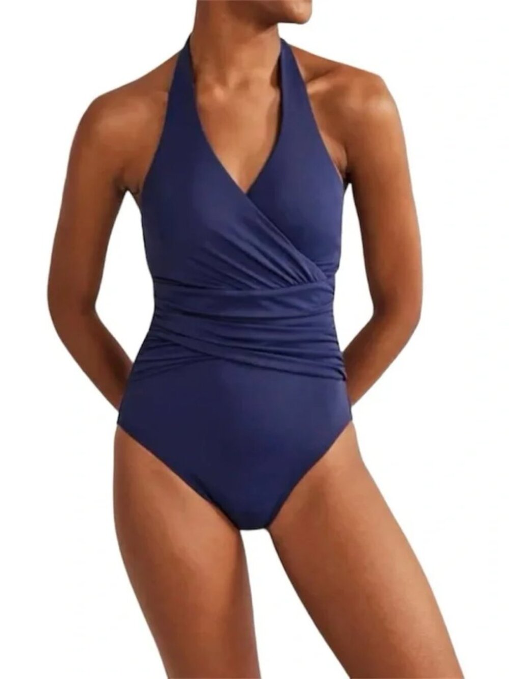 NWT Boden Levanzo Ruched Halter Swimsuit One Piece Bathing Suit Blue 8L